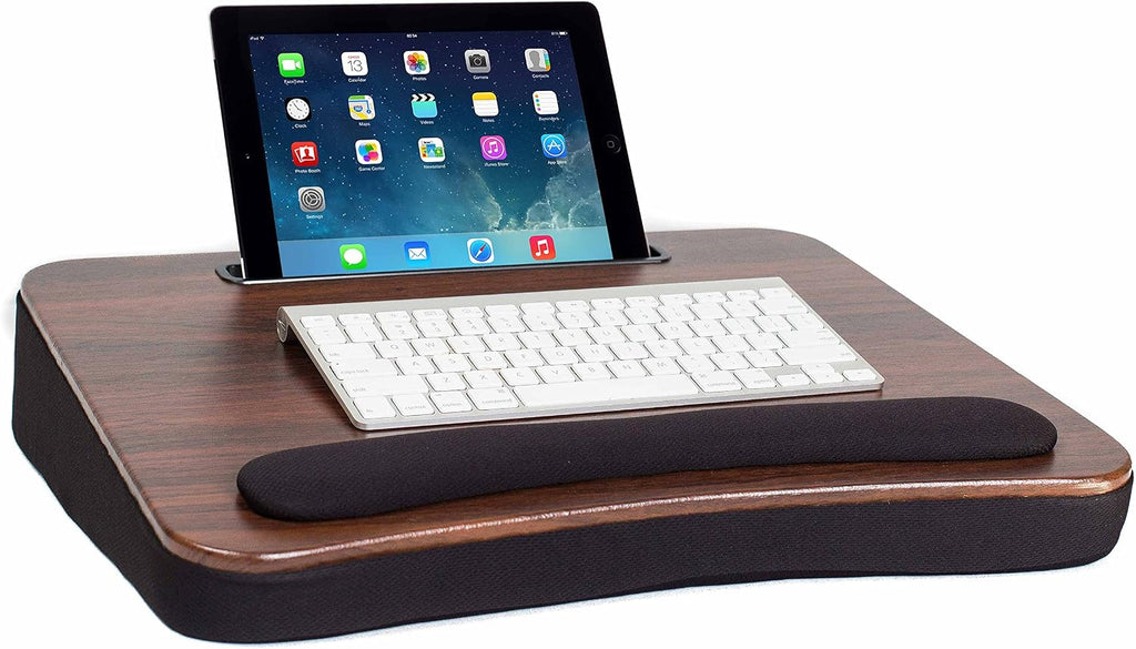 Multi Tasking Lap Desk with Memory Foam Cushion | Tablet Slot | Fits Laptops Up to 17" | Tablets Up to 9.6" | Black | Walnut Wood Top | Computer Lap Tray by Sofia + Sam