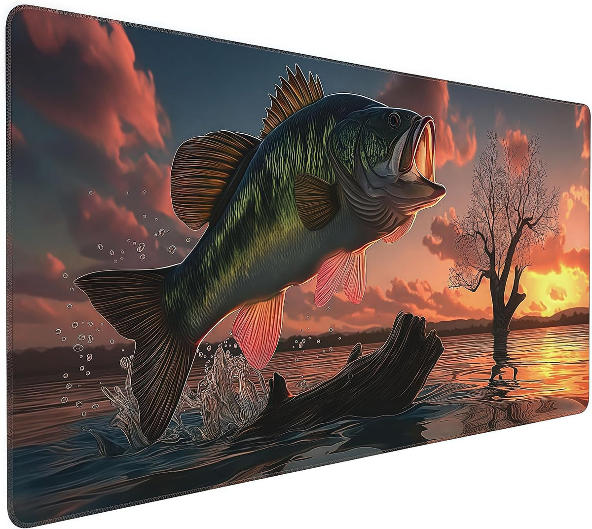 Large Gaming Mouse Pad with Bass Fish Sunset Design, Non-Slip Rubber Base, Stitched Edges, Extended Size 35.4 x 15.8 inches by SEIFUD