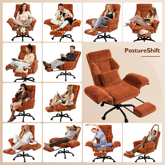 C57 Ergonomic Reclining Office Chair with Footrest, Velvet Desk Chair with 6-Stage Adjustable Wing Armrests for Cross Legged Sitting, Pet Friendly High Back Lounge Gaming Chair for Home Office - Image 7
