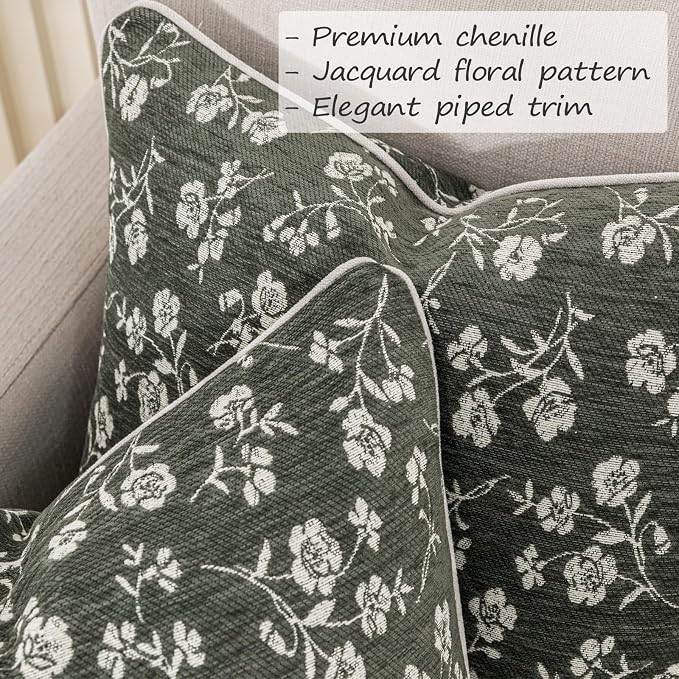 20x20 Chenille Jacquard Throw Pillow Cover, Olive Green Vintage Floral Cushion Case with Piped Edges, Decorative Large Accent for Sofa, Bed & Couch, 2 Pack - Image 3