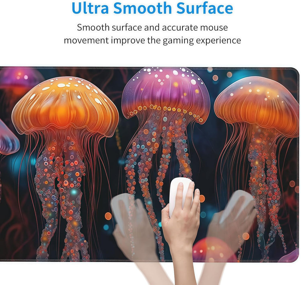 Large Fantasy Forest Jellyfish Gaming Mouse Pad - Blacklight Fairytale Waterproof Desk Mat, 35.4 X 15.8 Inch Extended Non-Slip Rubber Base for Office & Home - Image 5