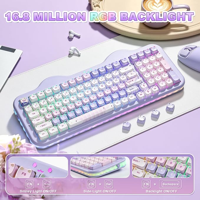 YUNZII C98 Cute Wireless Mechanical Keyboard(Purple Mao, Candy Switch) | Cake Keyboard,99 Keys with Number Pad, MAO Keycaps, BT5.0/2.4G/USB-C,Hot Swap, Gasket Mount, Custom RGB Backlight for Win/Mac - Image 7