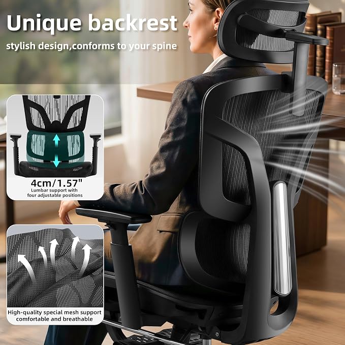 Ergonomic Office Chair with Footrest 4-Level Adjustable Lumbar Suppor | Big and Tall Office Chair t - 155° Tilt Lock and Wide Cushion - 3D Headrest & Armrests, High Back Home Desk Chair - Image 3