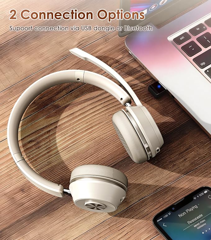 Wireless Headset with Mic for Work, Bluetooth Headset with Noise Cancelling | Headphones with Mic Mute & USB Dongle for PC/Computer/Laptop/Cell Phones/Remote Work/Call Center (Beige White) - Image 4
