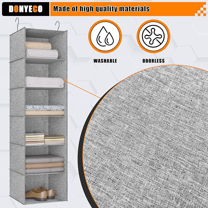 Hanging Closet Organizer 6-Shelf, Oxford Linen Wardrobe Storage, Gray | Easy-mount foldable design holds clothes, handbags, shoes & accessories; washable Oxford fabric, sturdy and space-saving. - Image 4