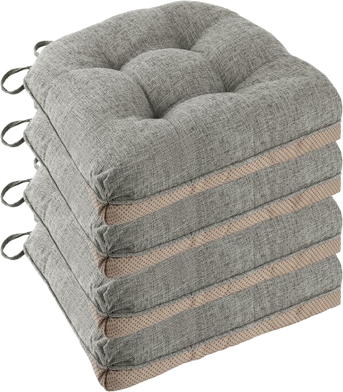 Chair Cushions for Dining Chairs Set of 4, 18"x18"x3", Light Grey | Non-Slip with Ties, Tufted, Faux Linen, Seat Cushions for Dining Room Kitchen Breakfast Nook Indoor Home Office Living Room by FlyGulls