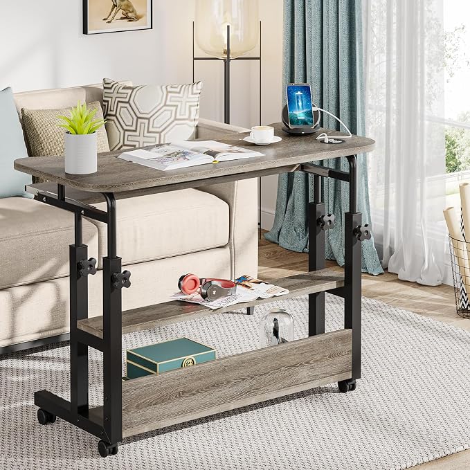 Tribesigns Portable Desk with Power Outlets, Height Adjustable Side Table Sofa Couch Bedside Laptop Computer Cart with USB Charging Ports, Mobile Small Standing Desk with Keyboard Tray - Image 3