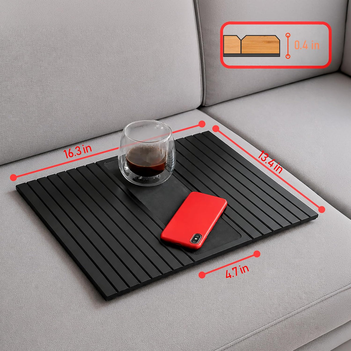 Bamboo Sofa Tray with Rigid Center - Flexible Couch Armrest Organizer, Non-Slip Base, Black - Image 2