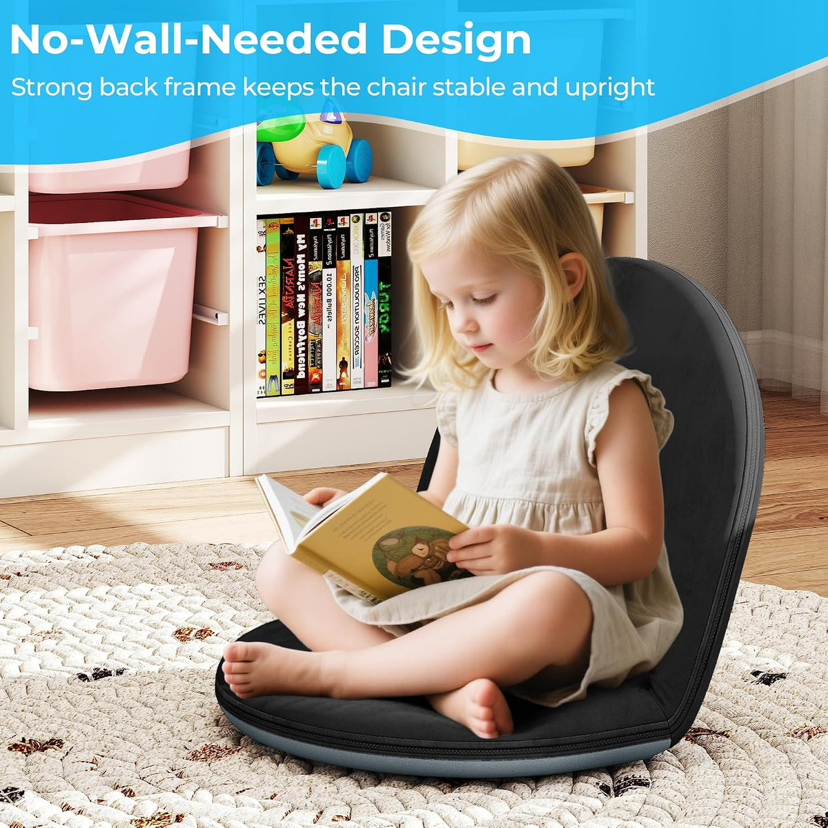 Floor Chair, 5-Position Foldable Floor Chair for Kids with Adjustable Back, Soft Sponge & Velvetean Cover, for Adults and Kids, Indoor Outdoor Use, Meditation, Gaming, Camping (Black) - Image 3