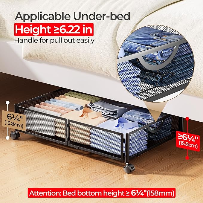 Yecaye Under Bed Storage with Wheels, 2 Pack Under Bed Shoe Storage, Black | Sturdy All-Metal Frame, Foldable, 360° Rolling Wheels, Tool-free Assembly, Underbed Storage Drawers for Shoes, Toys, Clothes - Image 4