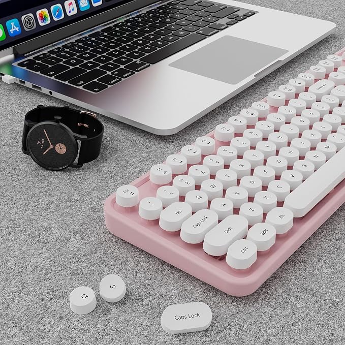 Wireless Keyboard and Mouse Combo, Ergonomic Full Size Typewriter Retro Round Keycaps Keyboard, Compatible with Windows, PC, Perfer for Home and Office Keyboards (Lovely Pink) - Image 9