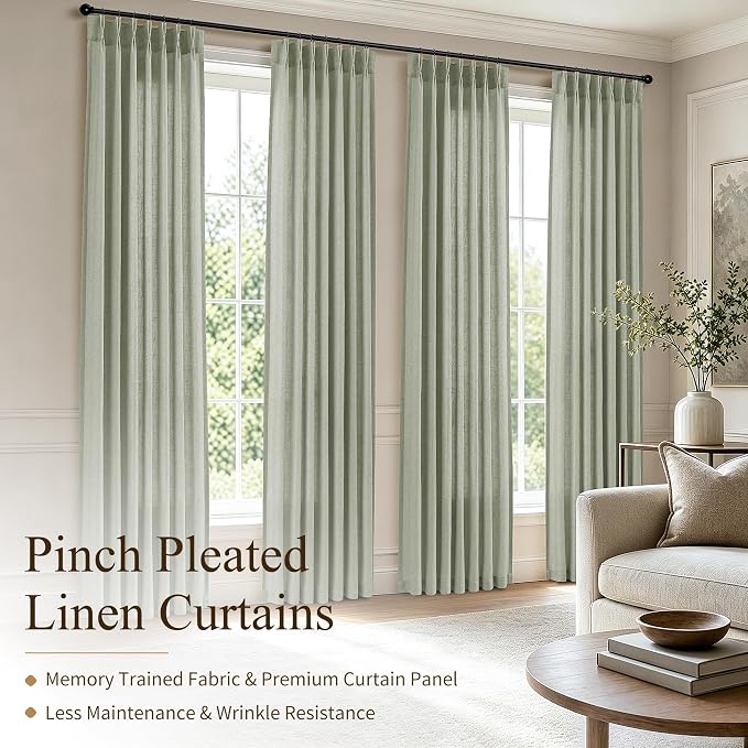 Hokibero Sage Green Pleated Linen Curtains 108 Inch Long for Living Room | Light Filtering Sheer Curtain,Pinch Pleat Back Tab Hooks Rings,Farmhouse Textured Privacy Drapes for Bedroom Window,2 Panels - Image 2