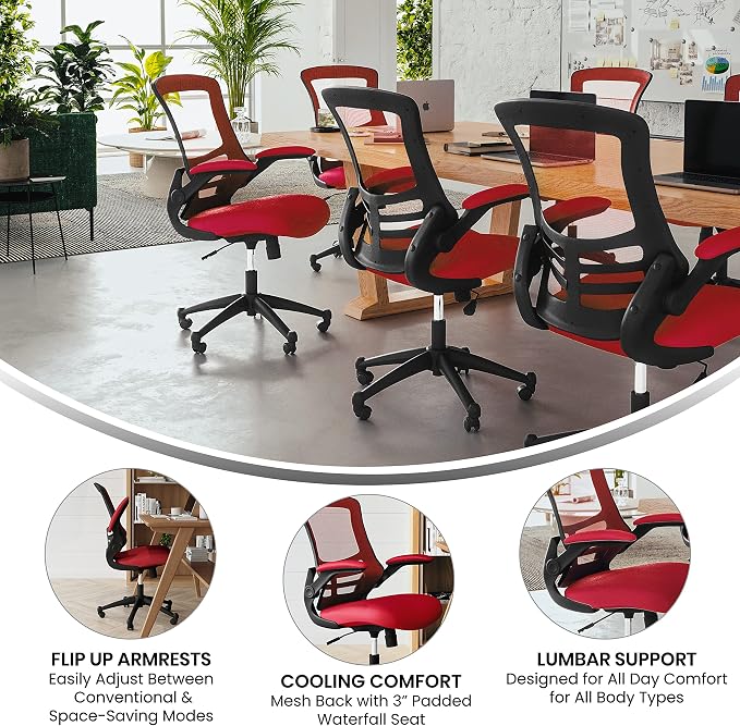 Flash Furniture Mesh Swivel Ergonomic Office Chair with Flip-Up Arms, Red | Mid-Back, Mesh Back - Image 4
