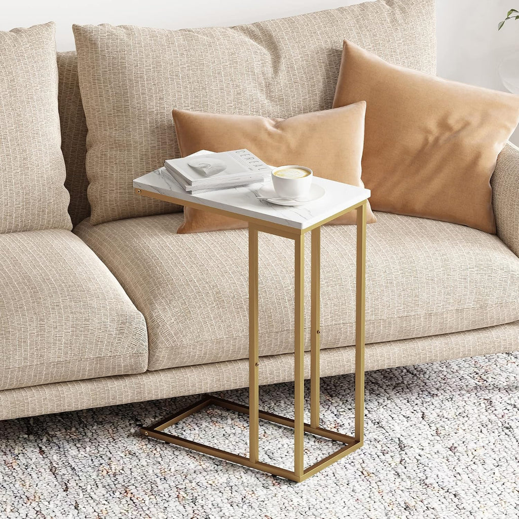 Yusong C Shaped End Table, Couch Side Table that Slide Under Sofa Bed, Small Table for Small Spaces, Skinny Overbed Table for Coffee Drink Snack, Living Room, Gold and White Marbled Wooden Top - Image 4