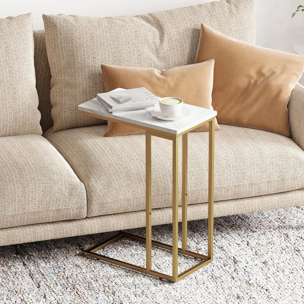 Yusong C Shaped End Table, Couch Side Table that Slide Under Sofa Bed, Small Table for Small Spaces, Skinny Overbed Table for Coffee Drink Snack, Living Room, Gold and White Marbled Wooden Top - Image 4