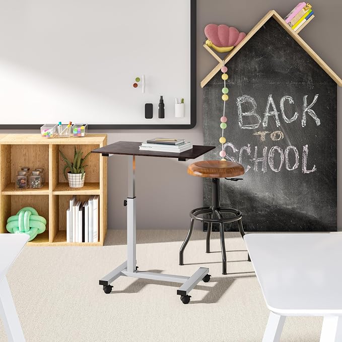 Seville Classics Airlift Height Adjustable Mobile Rolling Laptop Cart Computer Workstation Desk Table for Home, Office, Classroom, Hospital, w/Wheels, Overbed Sit Stand (24"), Espresso - Image 8