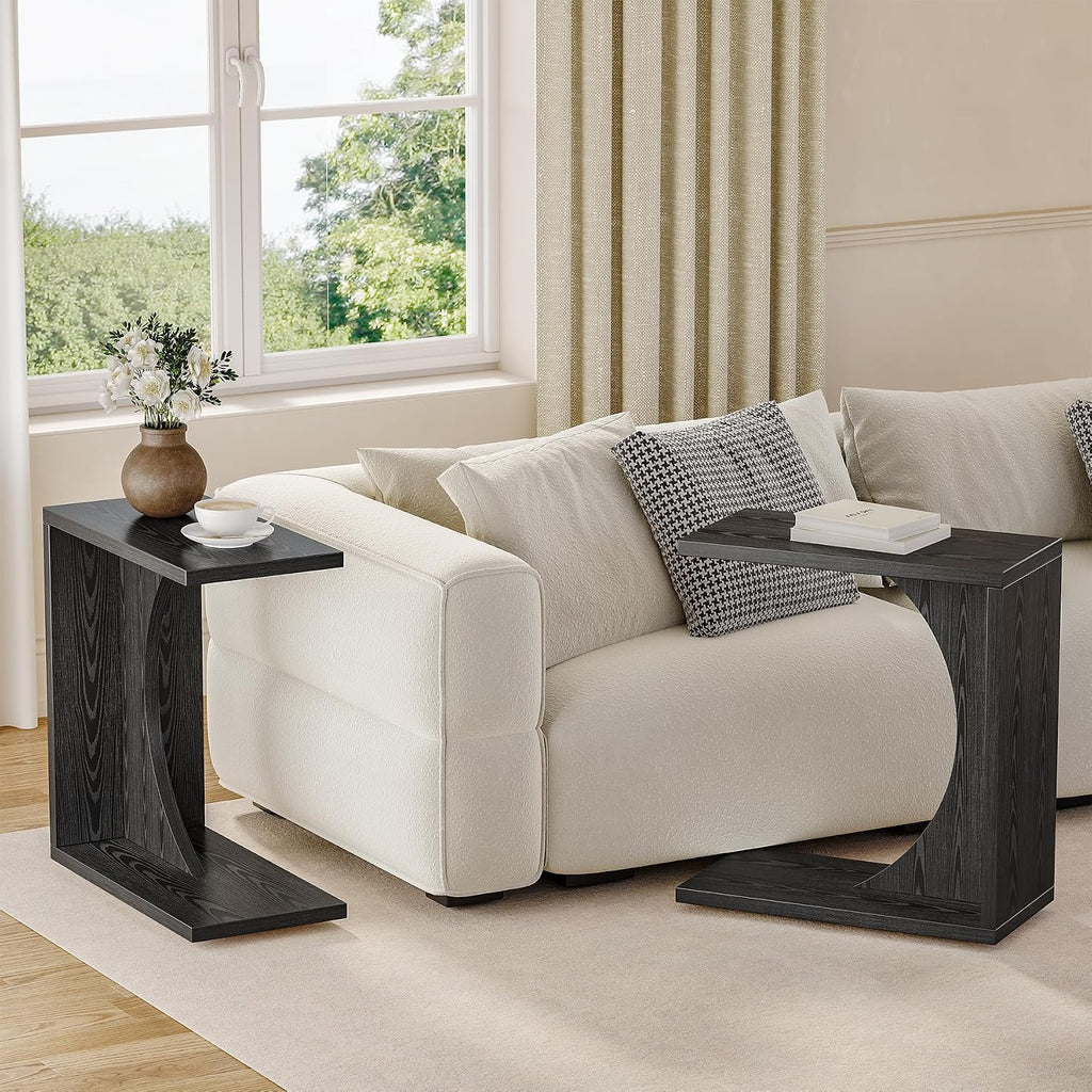 LITTLE TREE C-Shape End Table for Sofa & Bedroom - Small Side Table for Living Room, Over Couch Tray Stand for Laptop, Snacks, Books, Black, 2 Pack by LITTLE TREE