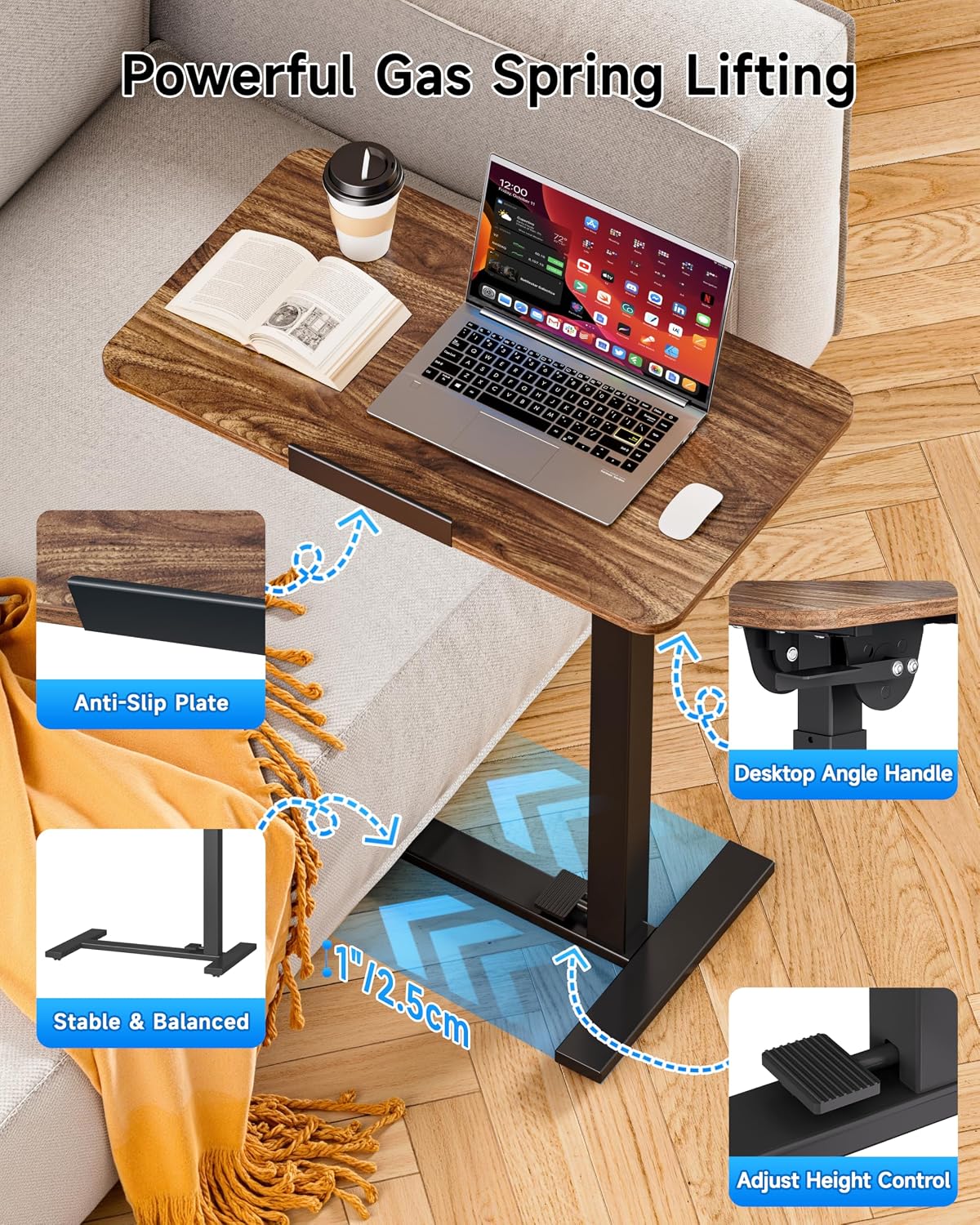 Mobile Standing Desk Laptop Desk Pneumatic with Wheels 180° Tilt Top Hospital Bed Table Portable Rolling Cart Foldable Bedside Table for Hospital&Home Use, Walnut - Image 3
