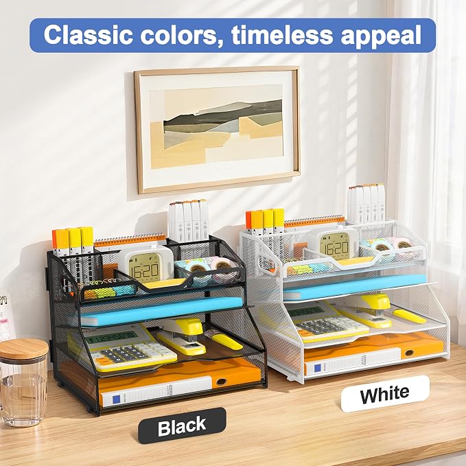 4 Tier Metal Desk Organizer with Magazine File Holder, White | Space saving workspace desk file trays. Includes pencil holder and portable handles. Ideal for school and office supplies - Image 4