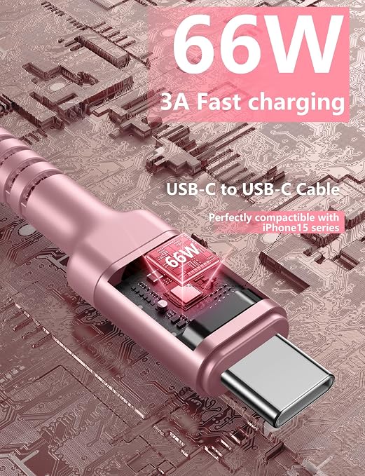USBC to USBC Cable Fast Charging 66W, 2Pack 3FT USB C Cable, iPhone USB C | Charger Cable Short USB Type C to C Cord Nylon Braided for iPhone 17/16/15/Pro Max/Plus/Samsung Galaxy S23/LG and More-Pink - Image 3