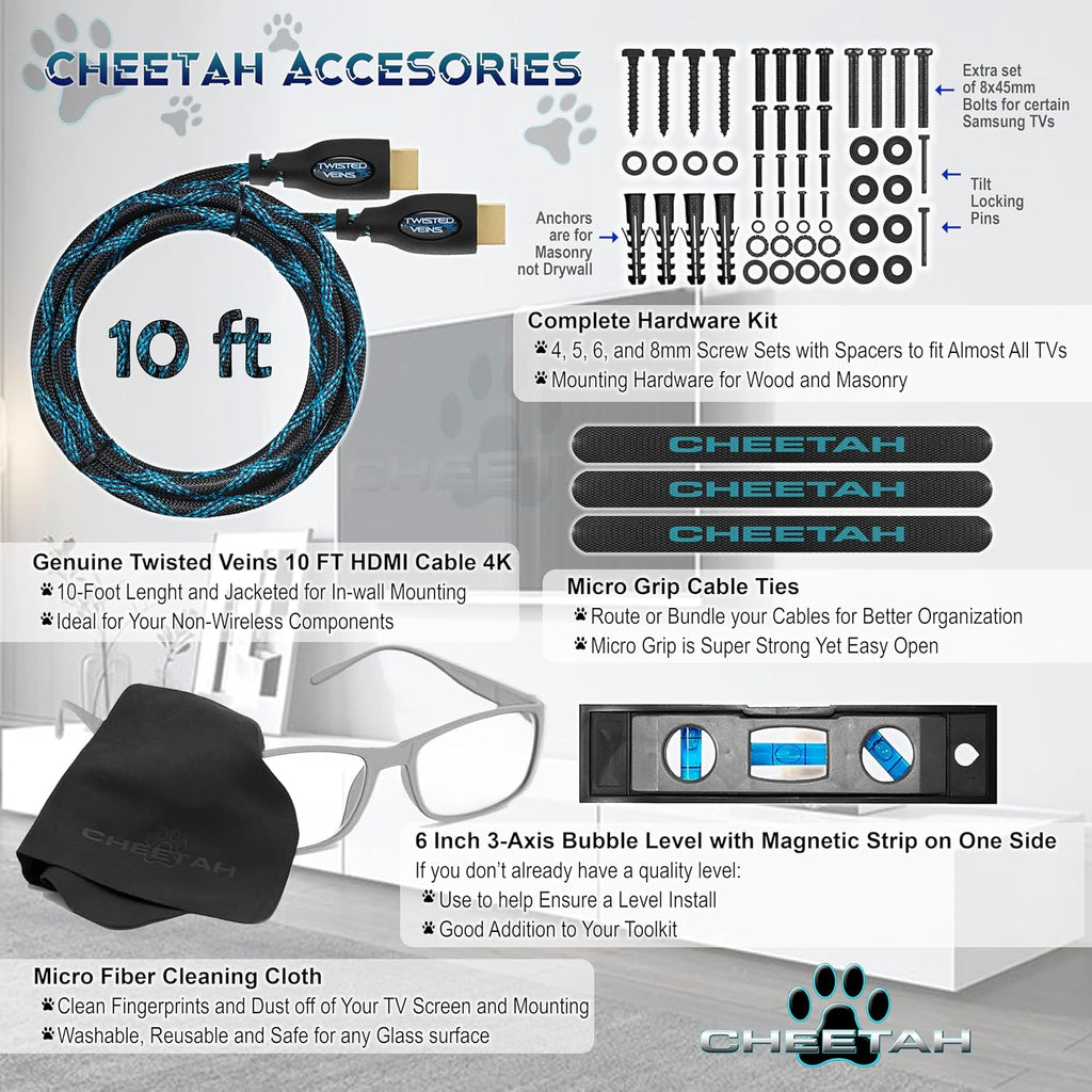 Cheetah Tilt TV Wall Mount for 37-86" TVs (Newer Displays up to 100"), Includes 10ft HDMI Cable, 165lbs Max VESA 800x400mm, Fits 16, 24, 32" Studs, Ultra Low 1.3" Profile Adjusts to 15 Degree Tilt - Image 2
