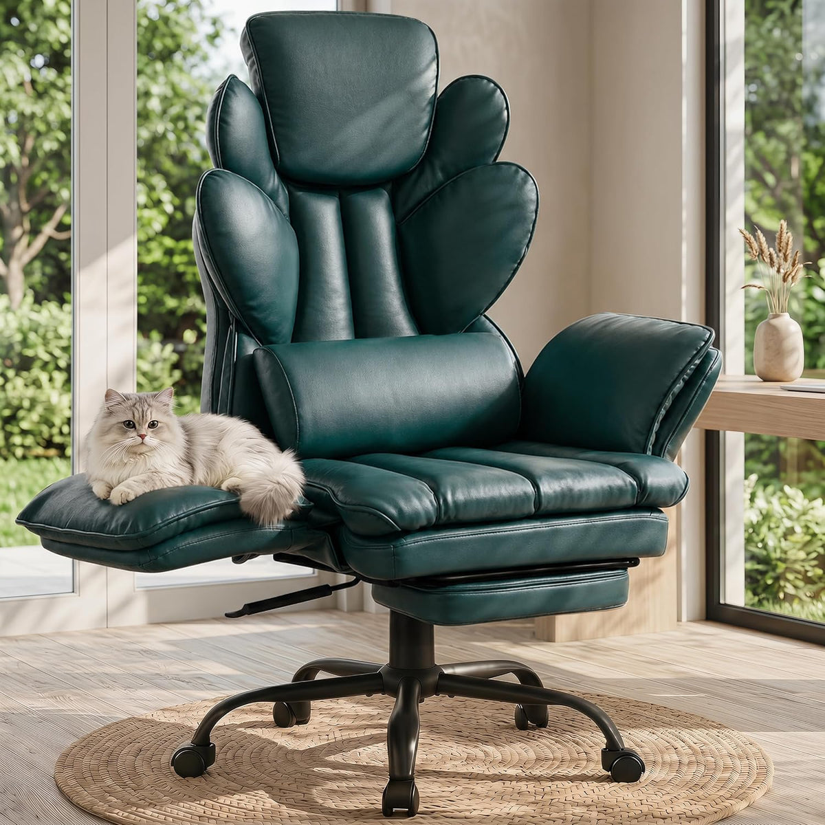 Flip Armrests Criss Cross Office Chair, Reclining Office Chair with Foot Rest, Adjustable Headrest, Massage Waist Pillow, Cross Legged Big and Tall Desk Chair Wide Seat Vanity Chair, Green PU Leather by Sofayonn