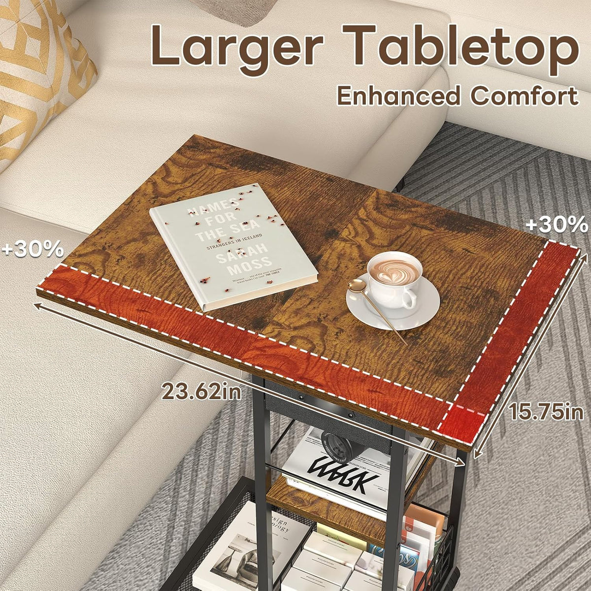 C Shaped End Table, TV Tray Table with Wheels, Drawer and Storage Basket - Image 3