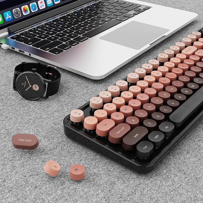 SkyGive Wireless Keyboard and Mouse Combo, Ergonomic Full Size Typewriter Retro Round Keycaps Keyboard, Compatible with Windows, PC, Perfer for Home and Office Keyboards (Aurora Red) - Image 8