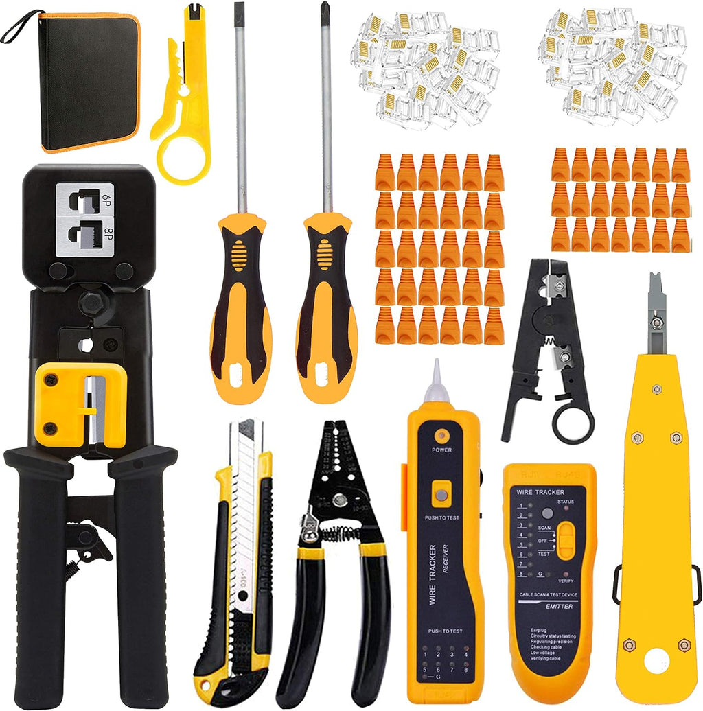 LEATBUY RJ45 Crimper Kit CAT5 CAT6 Crimping Tool Set for Pass Through with 50PCS Crimp Connectors, 50PCS Covers Network Wire Stripper Kit Punch Down Plier Ethernet Cutter(Dark) by LEATBUY-TECH