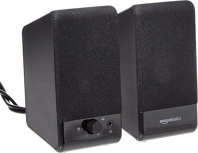 Amazon Basics USB-Powered Computer Speakers with Volume Control for Desktop or Laptop PC, Compact Size, Headphone Jack, Portable, Plug-N-Play, Black by AmazonBasics