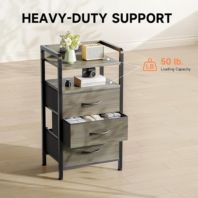 Lazzanto Nightstand with Rear Charging Station, LED Light, 3 Drawers, Grey | Industrial Nightstand, 2 USB-A Ports & AC Outlets, Raised Back Guard, Fabric Storage Drawers, Bedside Table for Bedroom, Dorm - Image 6