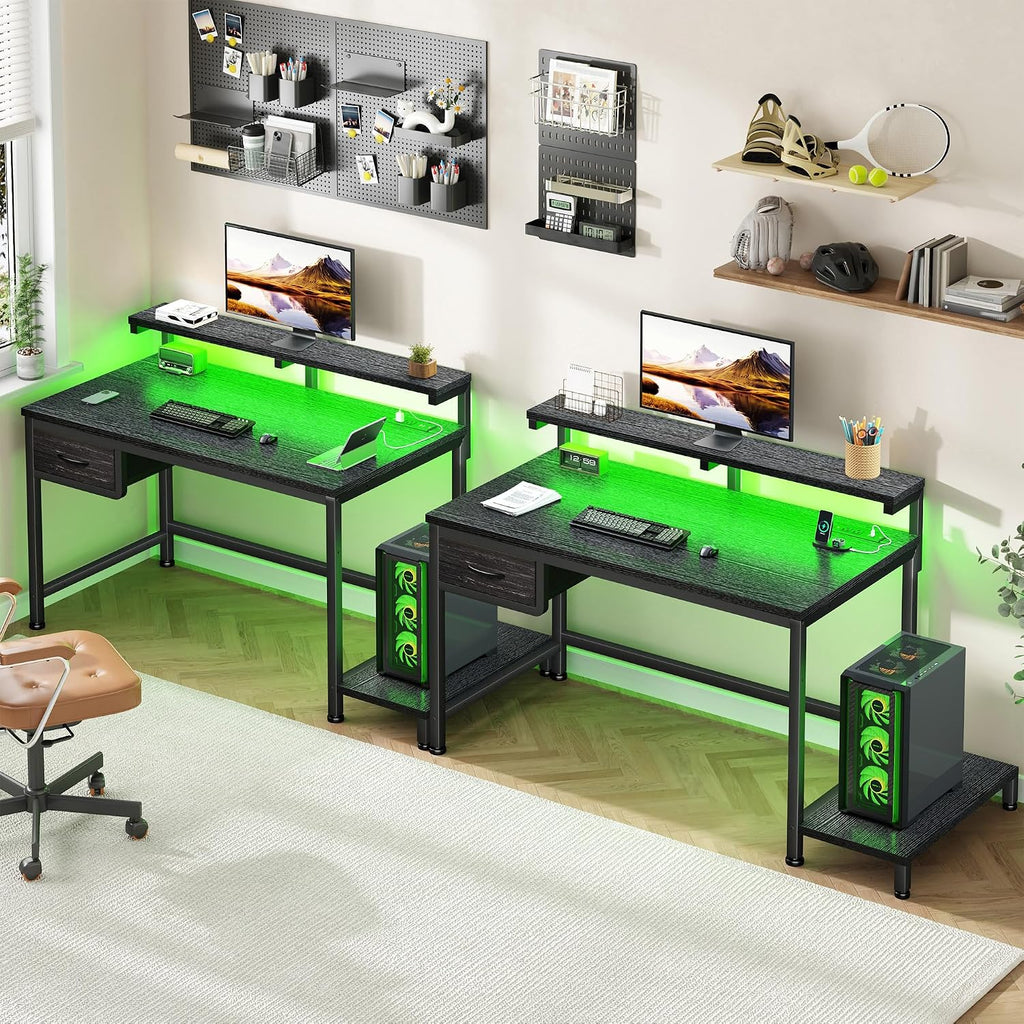 32" Gaming Desk with Power Outlet and LED Lights,Bedroom,Black - Image 2