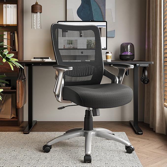 SUNNOW Office Chair, Ergonomic Computer Desk Chair, Sturdy Executive Task Chair - Adjustable Lumbar Support, Flip-up Arms, Tilt Function, Comfy Wide Seat, Swivel Mesh Home Office Desk Chairs (Black) - Image 2