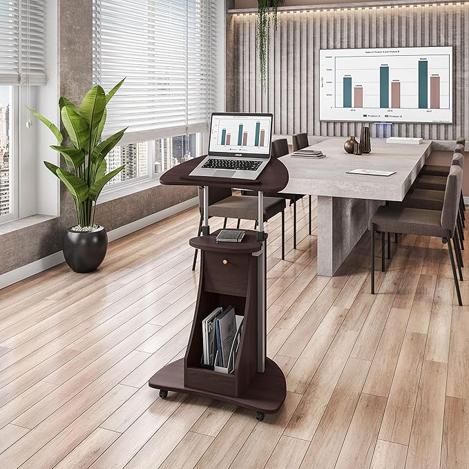 Techni Mobili Sit-to-Stand Rolling Adjustable Storage Medical Laptop Computer Cart, Chocolate, B005 | Adjustable height rolling laptop cart with storage, open shelf, wheels, sit‑to‑stand ideal for podium office medical use - Image 2
