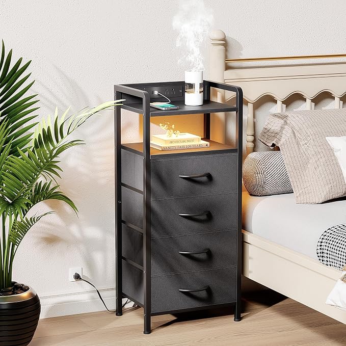 Lazzanto Nightstand with Rear Charging Station, LED Light, 4 Drawers, Black | Industrial Nightstand, 2 USB-A Ports & AC Outlets, Raised Back Guard, Fabric Storage Drawers, Bedside Table for Bedroom, Dorm - Image 2