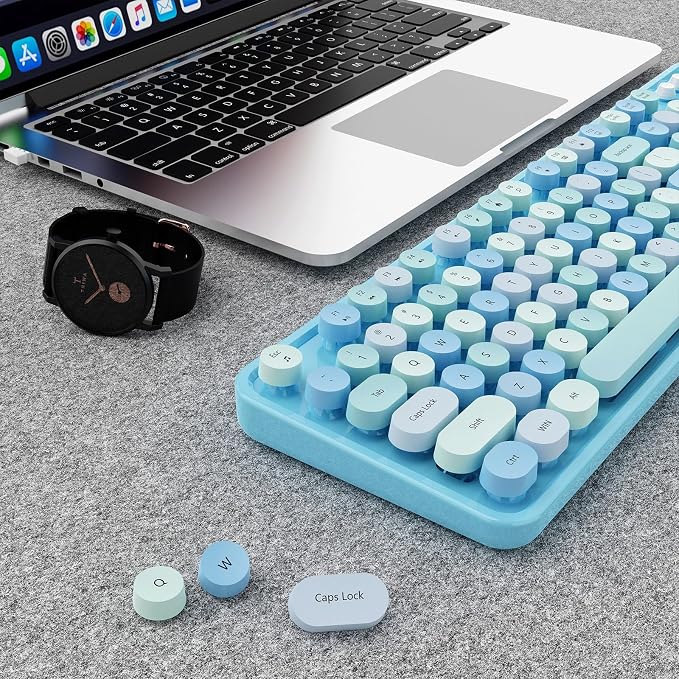 Wireless Keyboard and Mouse Combo, Ergonomic Full Size Typewriter Retro Round Keycaps Keyboard, Compatible with Windows, PC, Perfer for Home and Office Keyboards (Blue - Image 9