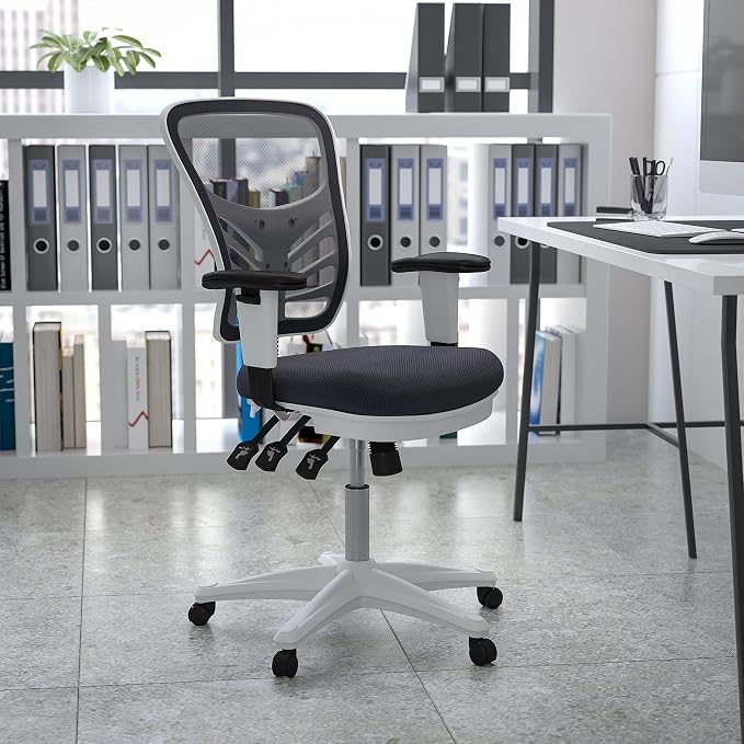 Flash Furniture Mid-Back Dark Gray Mesh Multifunction Executive Swivel Ergonomic Office Chair with Adjustable Arms and White Frame - Image 2