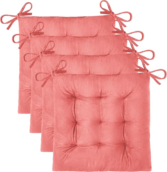 OVOV 4 Pack Chair Cushions for Dining Chairs 15.5"x15.5" Pink | Soft-Touch Velvet Fabric for Farmhouse Decor, Fit for Kitchen Dining Office Chairs, Upgrade Chair Comfort, with Durable Ties by OVOV