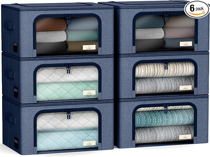 Sorbus Clothes Storage Bins, Clear Window & Handles (6 Pack, Blue) | Large foldable stackable boxes have easy-carry grips for bedding and linens in closets, bedrooms and laundry rooms. by Sorbus