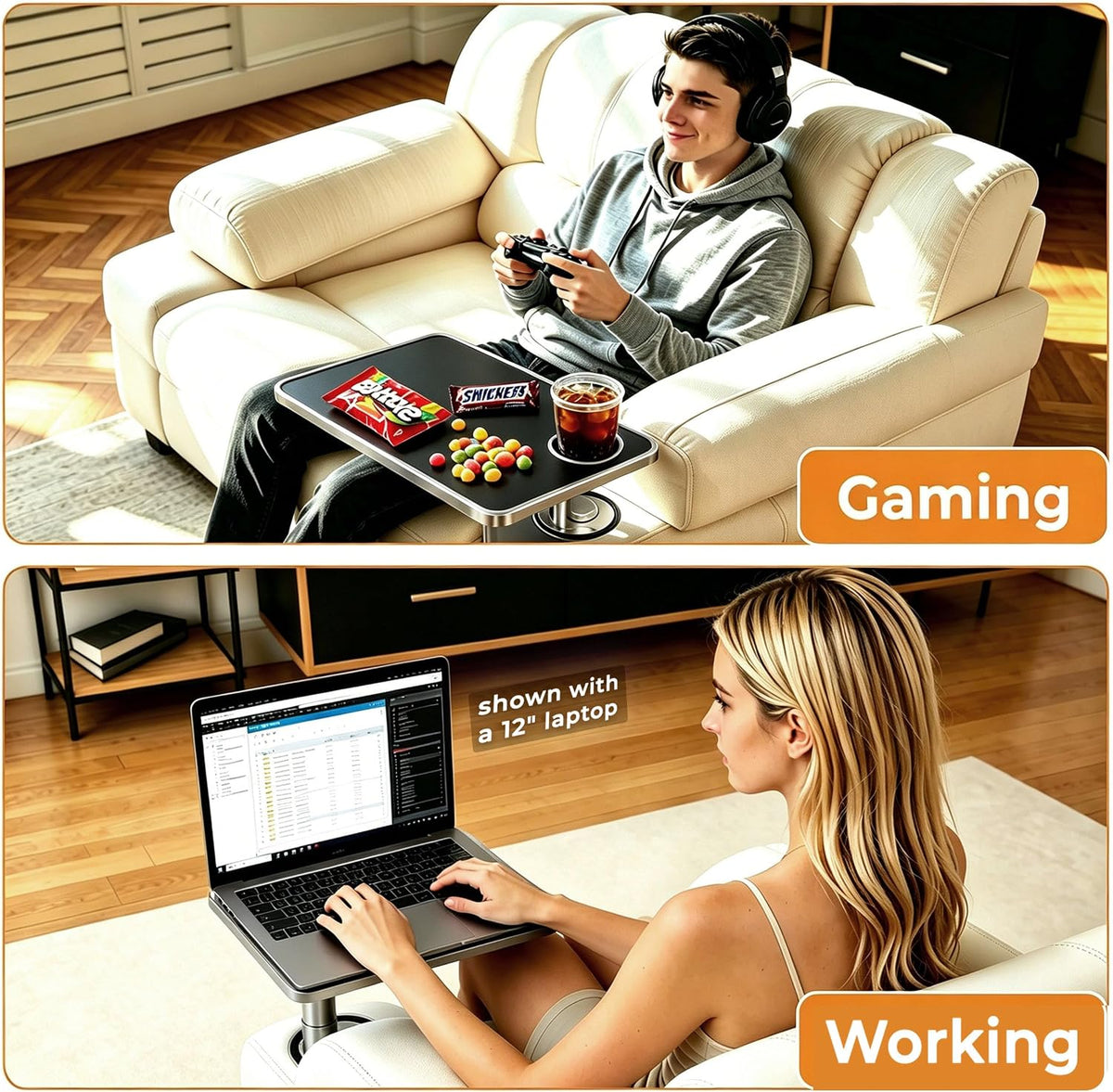 Sofa Arm Tray Table with 3-in-1 Cup Holder Phone Stand 360° Rotating - Image 4