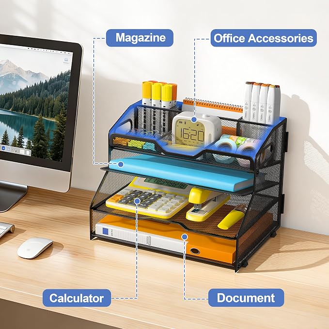 4 Tier Metal Desk Organizer with Magazine File Holder, Black | Space saving workspace desk file trays. Includes pencil holder and portable handles. Ideal for school and office supplies - Image 6