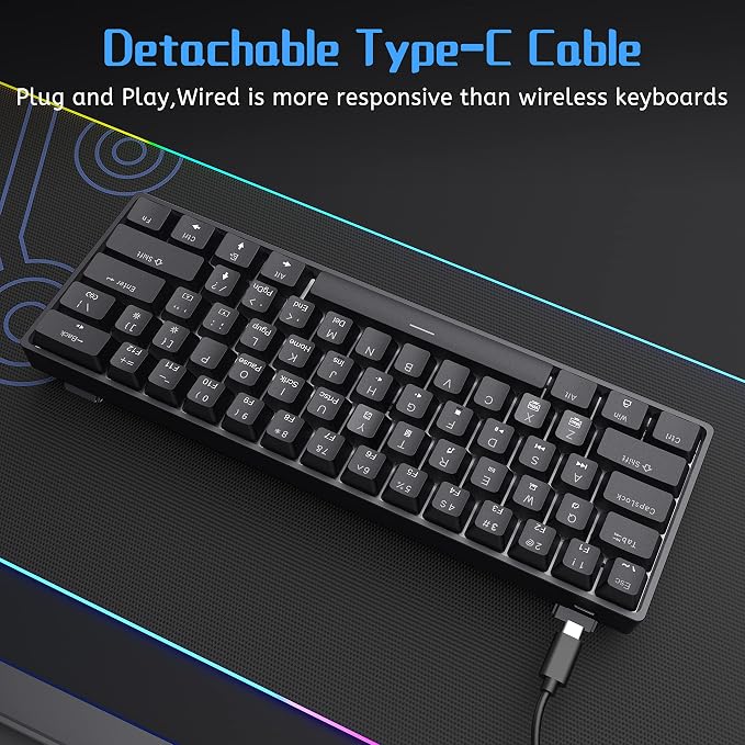 DIERYA 60% Mechanical Keyboard, DK61se Wired Gaming Keyboard with Blue Switches, LED Backlit Ultra-Compact 61 Keys Mini Office Keyboard for Windows Laptop PC Gamer Typist（Black） - Image 5
