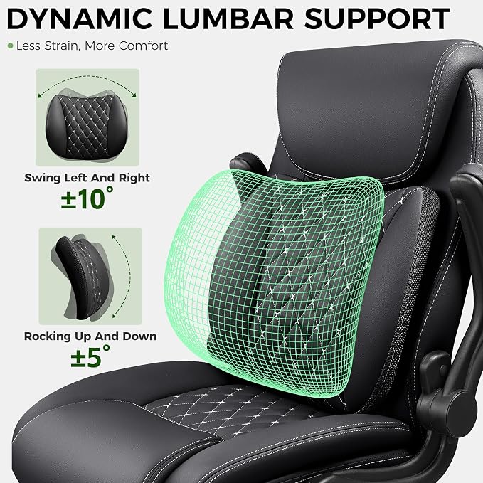 Office Chair, Ergonomic Executive Desk Chair with Lumbar Support for Lower Back Pain Relief, Padded Flip-Up Armrests, Leather Home Office Chair, Black - Image 4