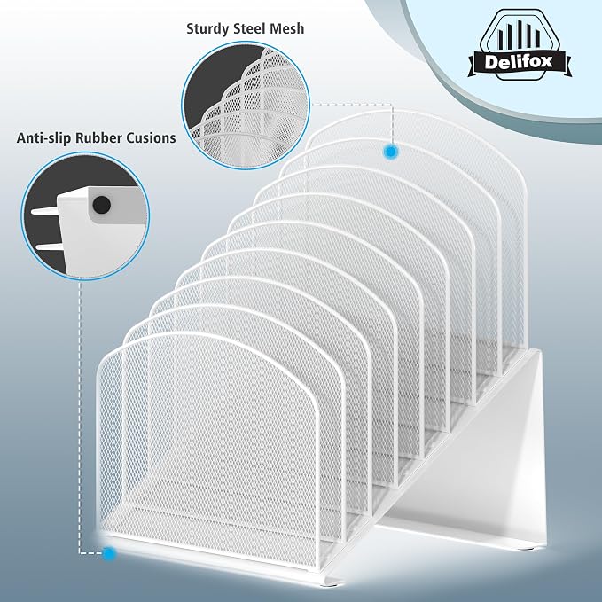 Inclined Desk File Organizer, 8-Section Upright Desk Organizer Standing File Sorter for Office Classroom Desktop Organization (White) - Image 7