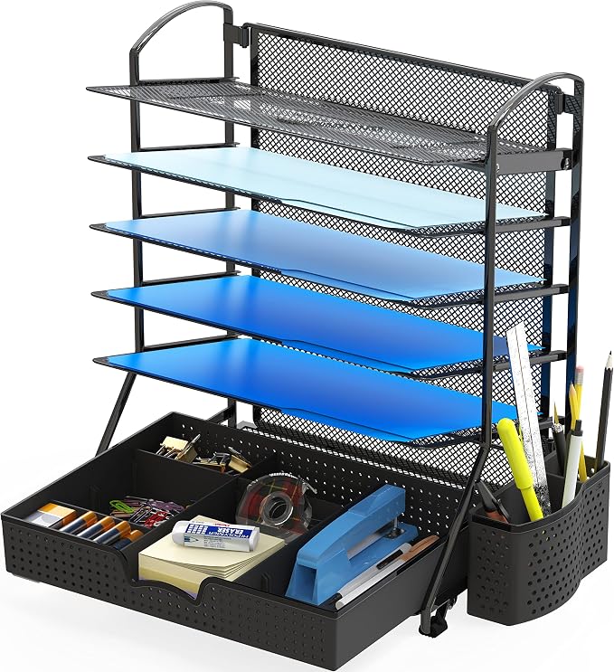 Simple Houseware 6-Tier Desk File Organizer w/Drawer & Pen Holder, Black | 5 Tilted Letter Trays for A4 Paper, Mail and Documents - Image 4