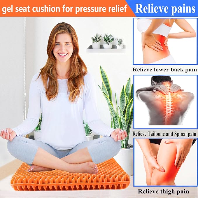 Plus Size Gel Seat Cushion for Long Sitting, Extra Large Cooling Supportive Seat Cushion for Back, Sciatica, Muscle, Tailbone Pain Relief, Use for The Office, Wheelchair, Car, Recliner, Kayak.(Orange) - Image 4