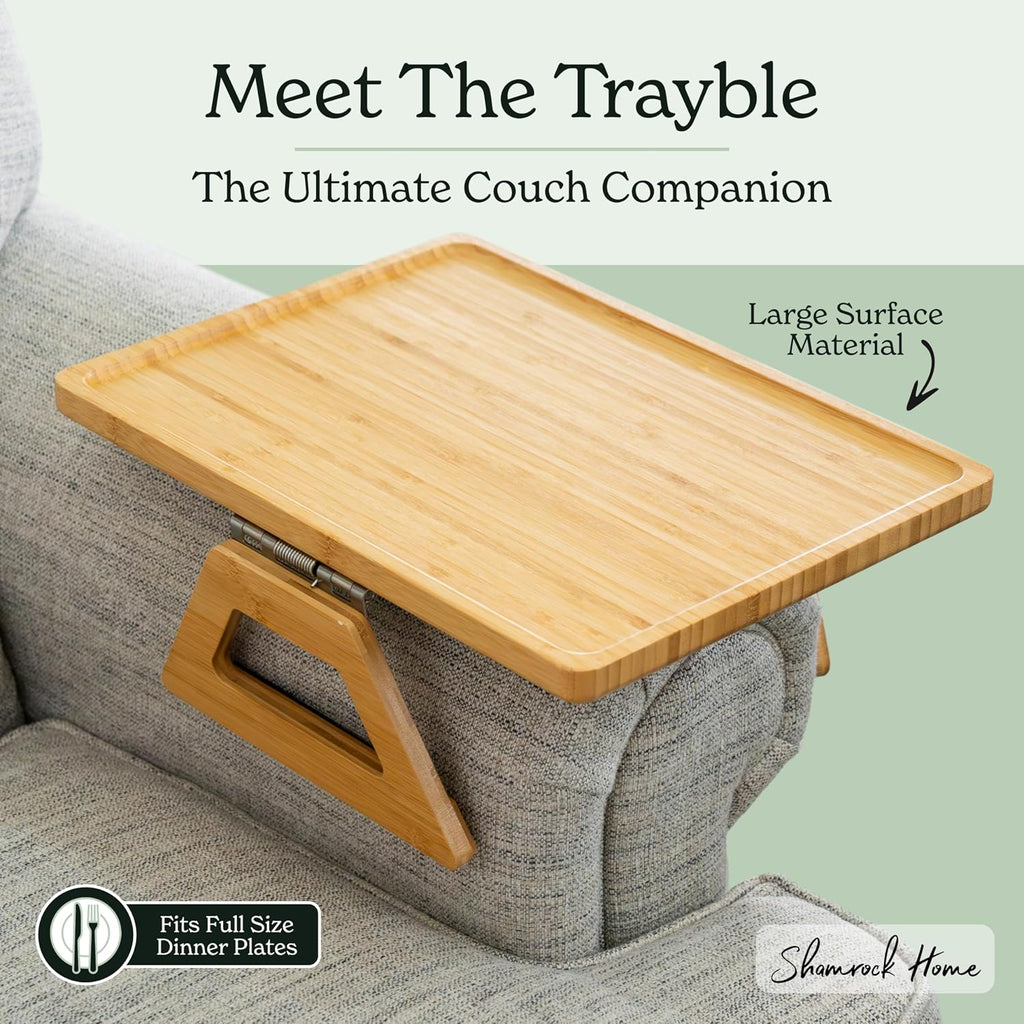 Bamboo Trayble Couch Arm Table, Clip On Tray Sofa Table for Couches. Sofa Arm Tray for TV Dinners, Remotes, Drinks, Snacks and Small Spaces - 15.75 x 11inch, Beige - Image 3