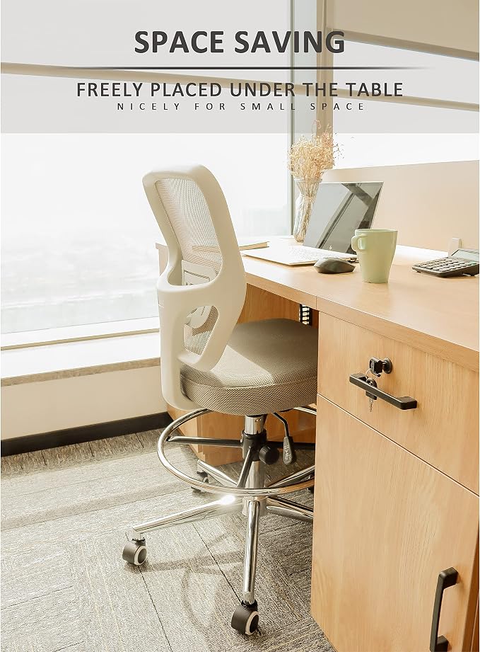 Drafting Chair, Tall Office Chair for Standing Desk, Drafting Stool with Lumbar Support, Adjustable Height and Foot Ring, Grey - Image 4