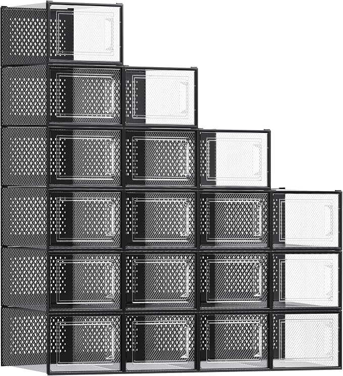 SONGMICS Shoe Boxes, Clear Plastic Sneaker Box, Pack of 18 | Stackable Shoe Storage Organizers, for Closet, 13.1 x 9.9 x 7.4 Inches, Transparent and Black, DENNYS Collection ULSP007B18 by Unknown