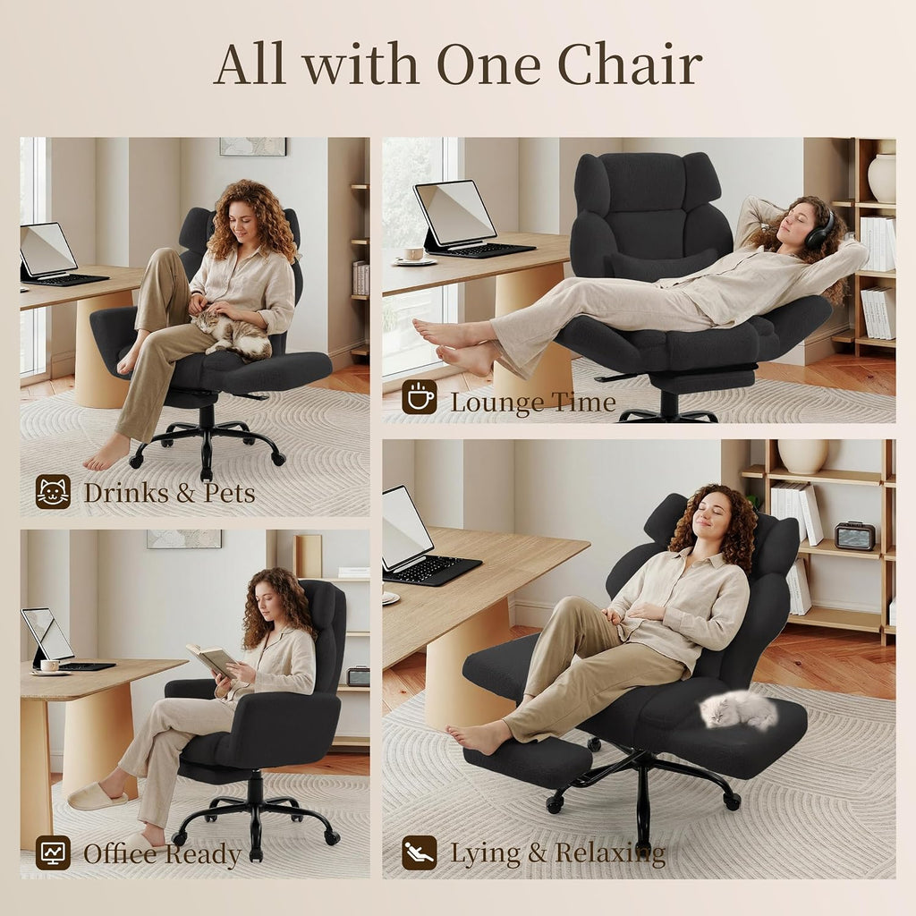 Office Chair with Flip Armrests,Comfy Criss Cross Chair for Pets Sitting,Big and Tall Office Chair with Foot Rest,Extra Wide Seat & Lumbar Pillow,Ergonomic Computer Gaming Chair,Teddy Fleece,Black - Image 3